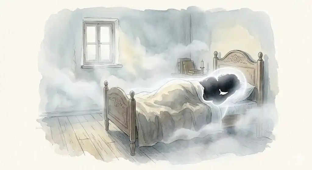 一人で寝る夢の意味を表す、透明感のある白い光に包まれて眠る人影のイラスト