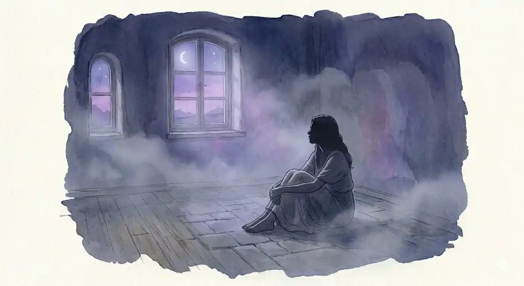 比較宗教学が語る静寂の伝統を表す、一人で座る静かな空間を描いた挿絵