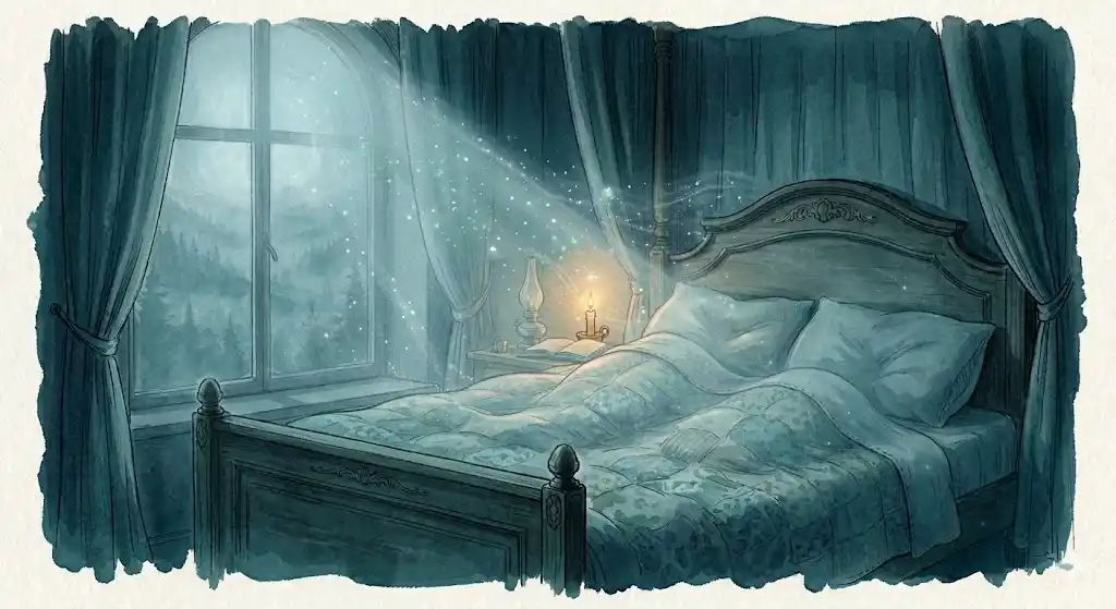誰かと一緒に寝る夢を見た夜の調律をイメージした、灯りを灯した静かな寝室の挿絵