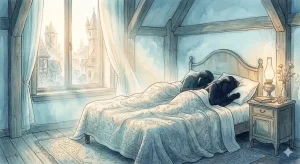 誰かと一緒に寝る夢のイメージ、霧に包まれた寝室で静かに眠る女性のシルエットを描いた挿絵