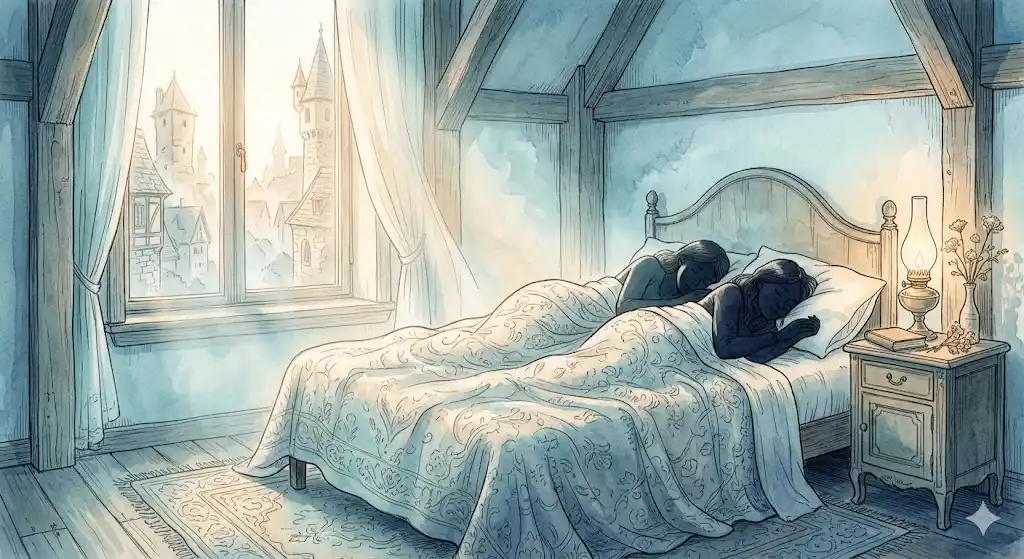 誰かと一緒に寝る夢のイメージ、霧に包まれた寝室で静かに眠る女性のシルエットを描いた挿絵