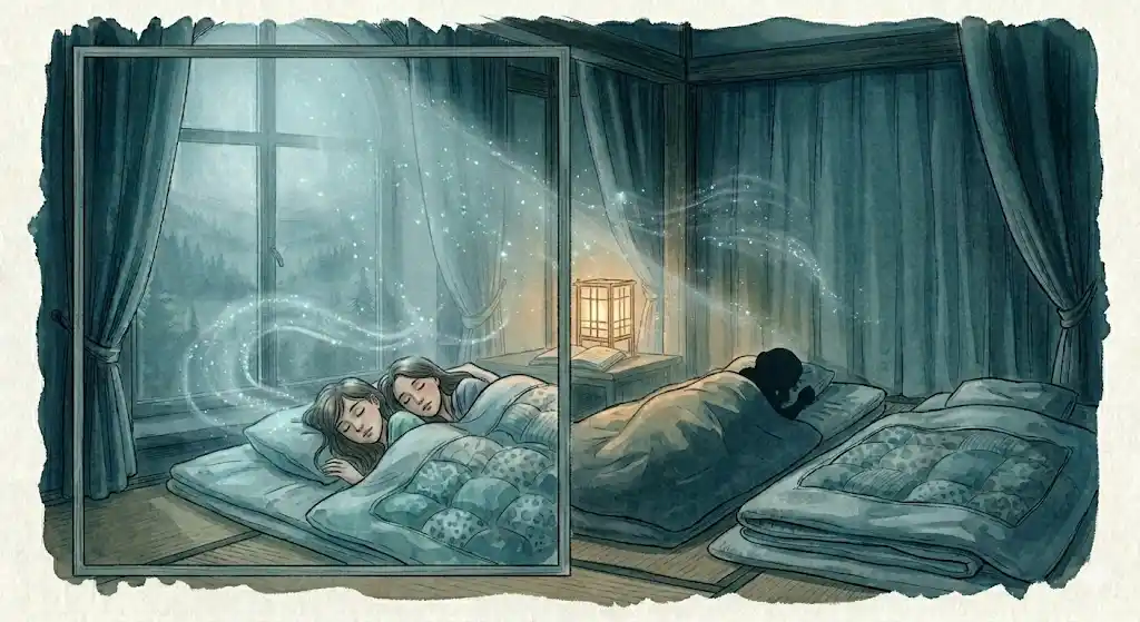 誰かと一緒に寝る夢のパターンを表す、二人で眠る人影と一人で眠る人影を並べた挿絵
