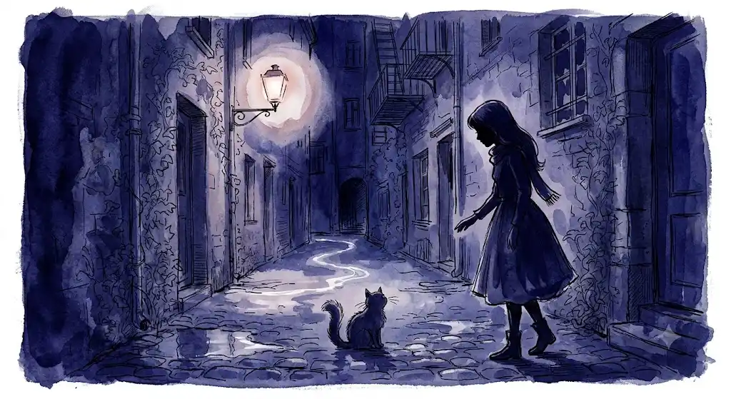 群青色の夜に濡れた路地で佇む捨て猫を見つめる人物の夢の景色