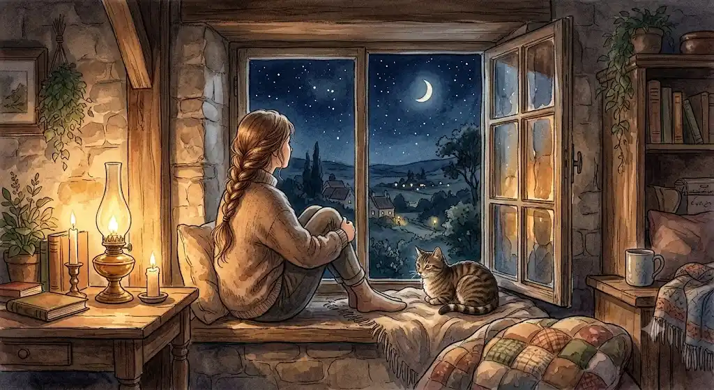 トラ猫の夢と向き合う時間。静かな夜に現れる縞模様の猫と人物のシルエット