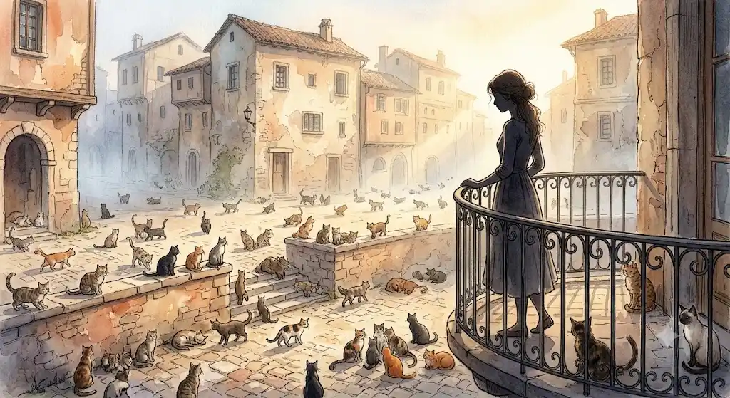 たくさんの自律した猫たちを遠くから静かに俯瞰して見つめている光景