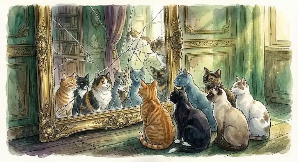 ユング心理学の心の複数性を表す、様々な色の猫たちが鏡に映り込む幻想的な世界