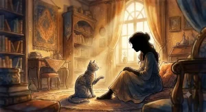 喋る猫の夢の象徴を描いたイラスト。中性的な声で語りかける猫と、静かに耳を傾ける人物の夢の景色