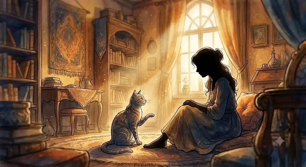 喋る猫の夢の象徴を描いたイラスト。中性的な声で語りかける猫と、静かに耳を傾ける人物の夢の景色