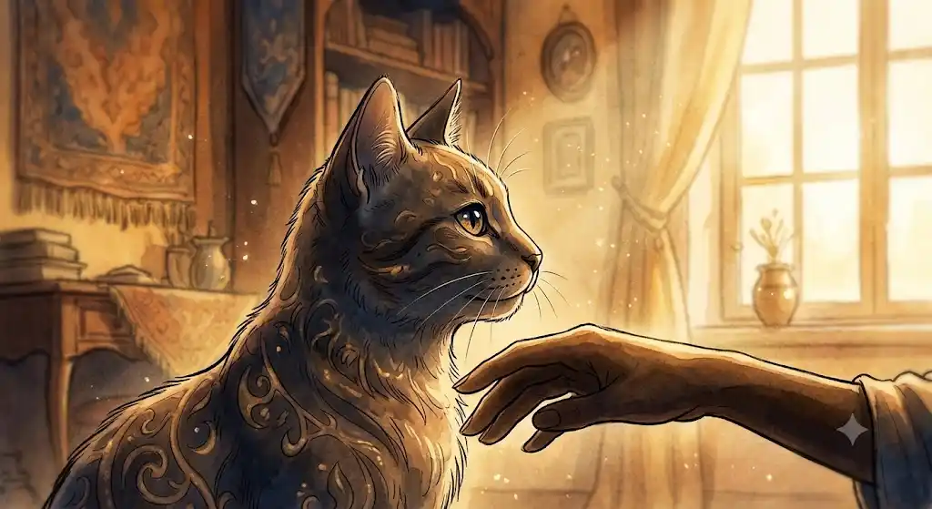 夢の中で言葉を話す猫のイラスト。静かに語りかけてくる猫の口元と、その声に耳を澄ませる景色