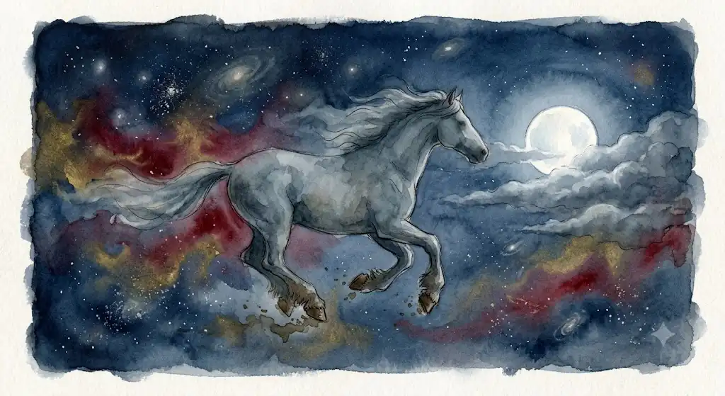 夜空を飛ぶ灰色の馬が象徴する、空飛ぶ馬の夢占いにおける幻想的な景色