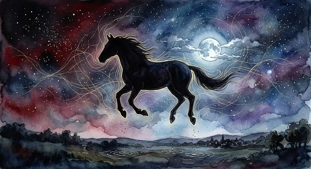 夜空に完全に浮かぶ馬のシルエット、空飛ぶ馬の夢占いが示す秩序の転換点