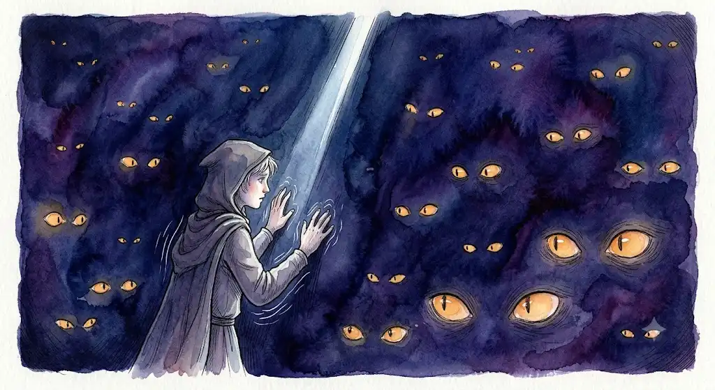 複数の黄色い瞳に囲まれ逃げ場を失う夢の中の圧迫感を描いた情景