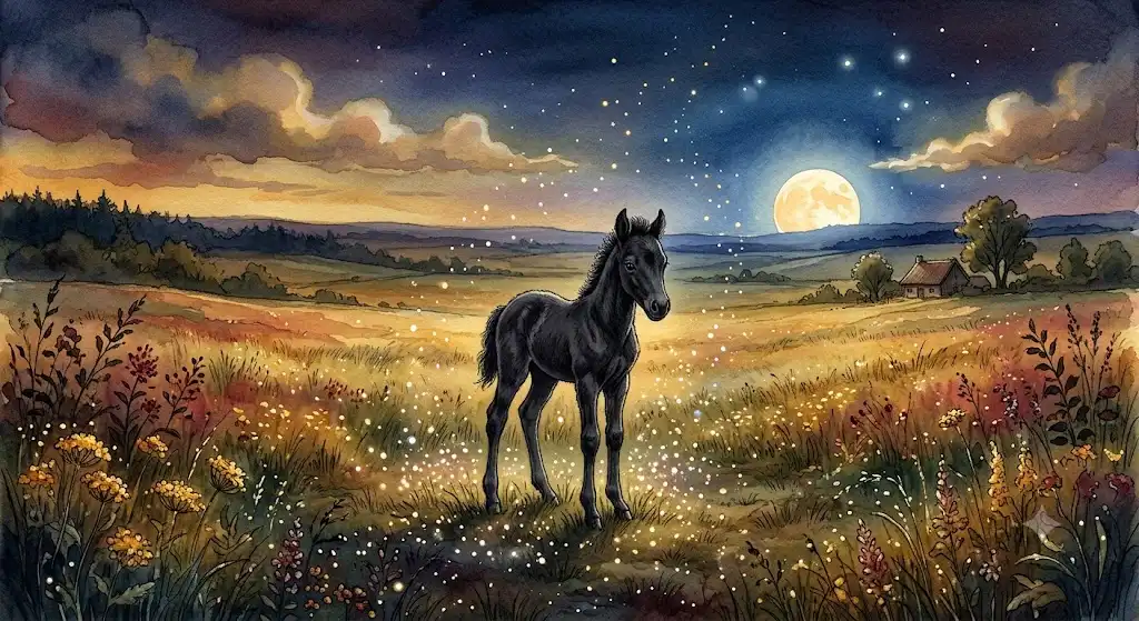 夕暮れの光の中で静かに立つ子馬が示す、育ちの途中にある可能性の予感