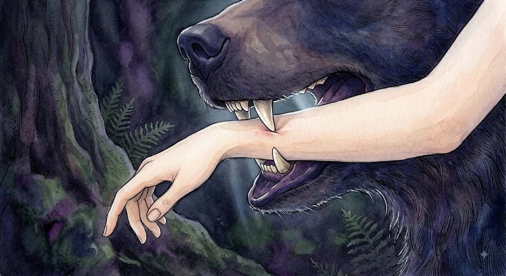 熊の牙が腕に食い込む瞬間を描いた、痛みと境界の目覚めを示す情景