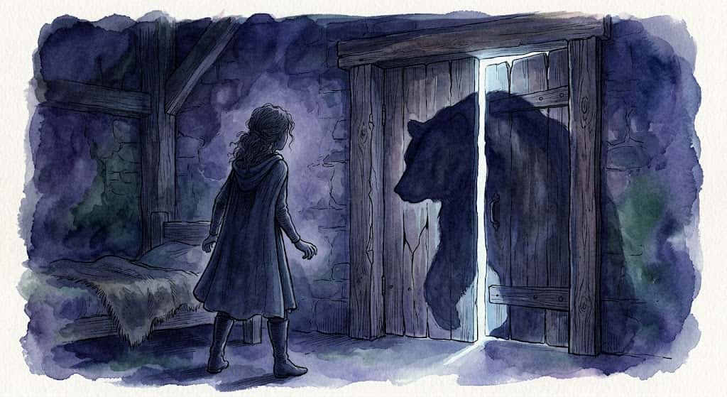 熊が家に入ってくる夢の中で、扉の向こうから侵入する大きな影を見つめる後ろ姿のイメージ