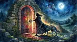 満月の夜、狼へと変わりゆく人影を描いた自分が狼になる夢占いのイメージ