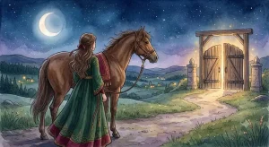 茶色い馬と静かに寄り添う女性のシルエット。茶色い馬の夢占いにおける安定と安心を象徴する情景