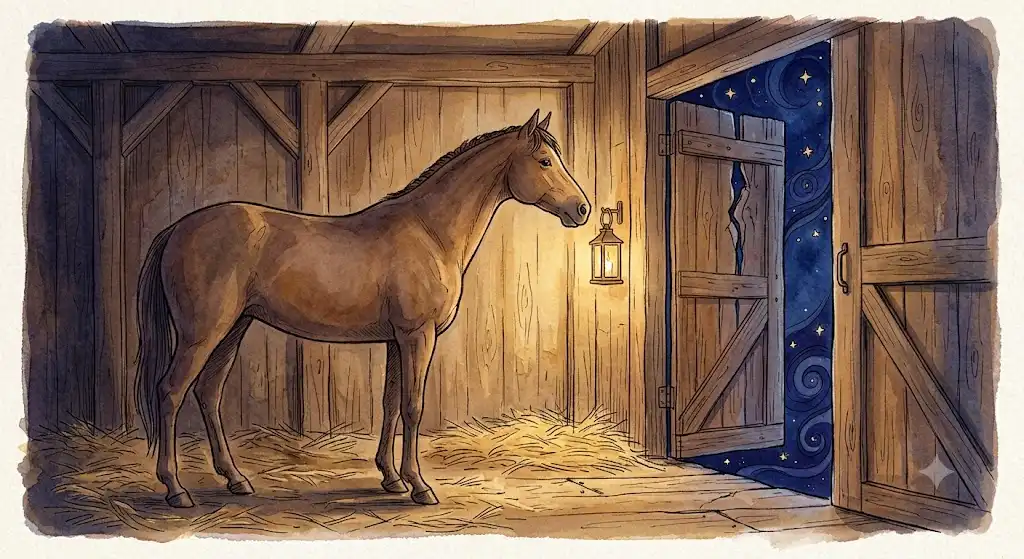 薄暗い厩でじっと佇む茶色い馬。現象学が語る静けさと安定の体感を象徴する情景