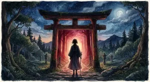 神社に呼ばれる夢の世界観を描いた、黄昏の鳥居の前に佇む女性の後ろ姿のイメージ