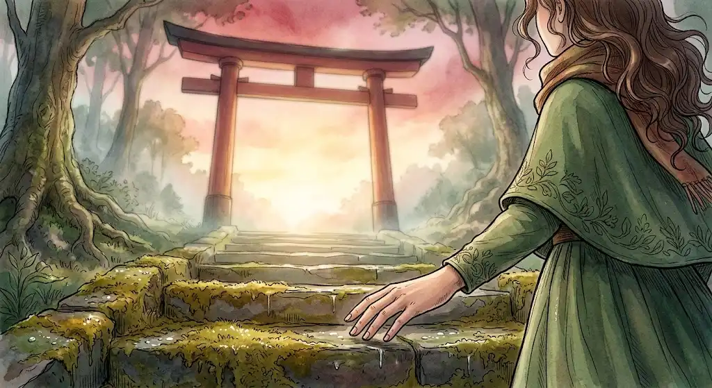 鳥居の奥から差し込む柔らかな朝の光に向かって歩む後ろ姿を描いた神社の夢のイメージ