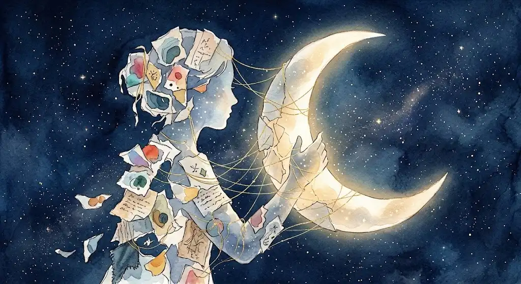認知科学が語る記憶の再構成を象徴する、夜空の下で重なり合う二つの輪郭のイメージ