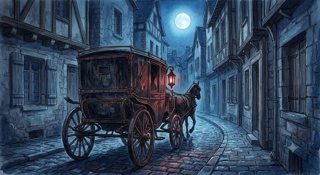 馬車の夢占いの象徴を描いた、煤けた黒い馬車と満月の下の石畳の情景