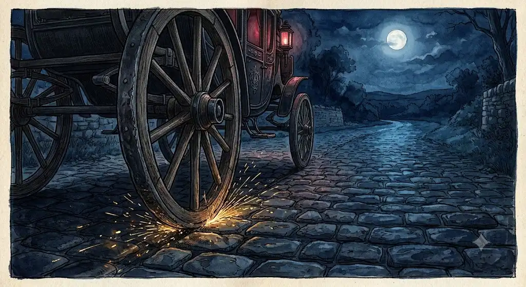 馬車道に差しかかる馬車と石畳の質感を描いた、間接の力を象徴する情景