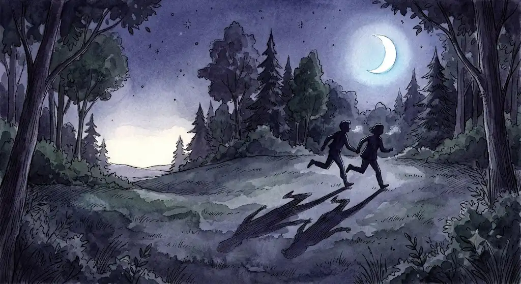狼に追いかけられて誰かと逃げる夢、二つの影が夜の闇へ並んで伸びていく様子