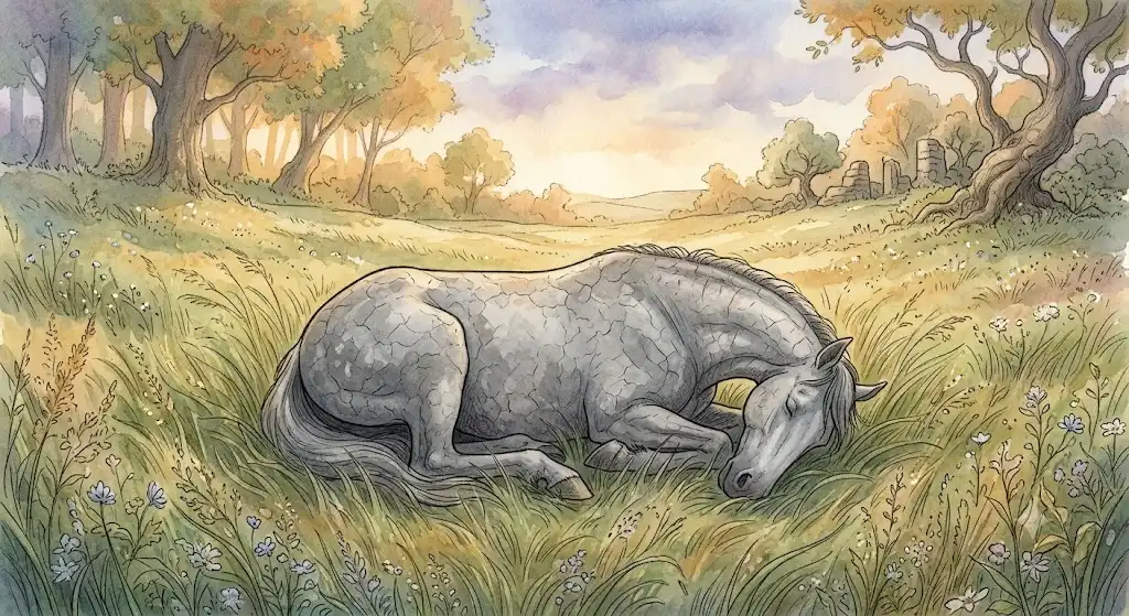 灰色の馬が草原に横たわり風が吹き抜ける、馬の死骸の夢占いの静かな一場面
