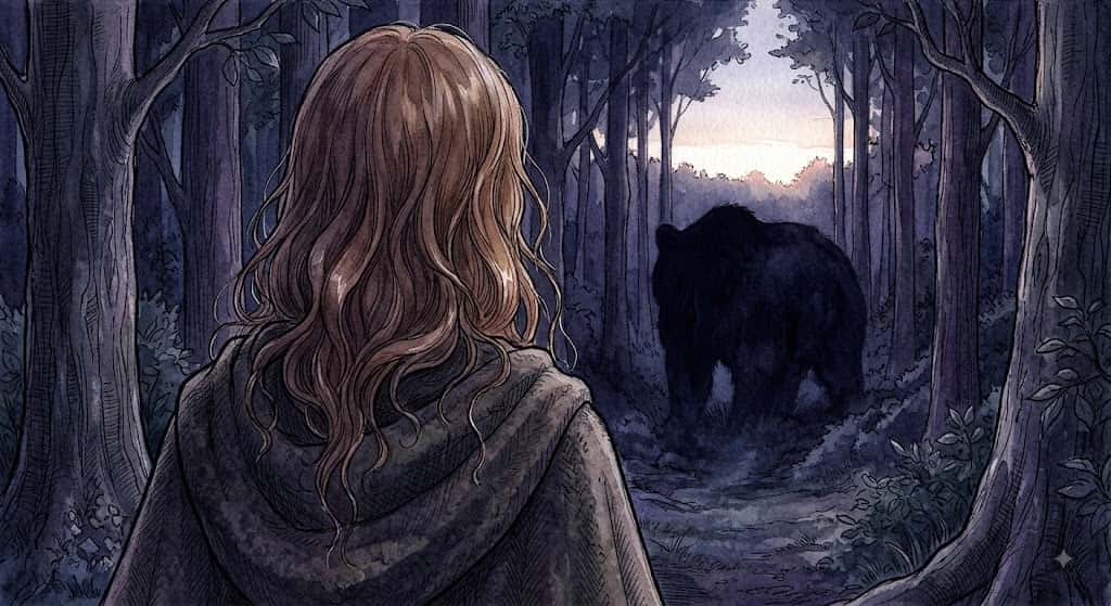 熊を追い払う夢の情景。背を向け、森へ遠ざかる熊の影を静かに見送る女性の後ろ姿