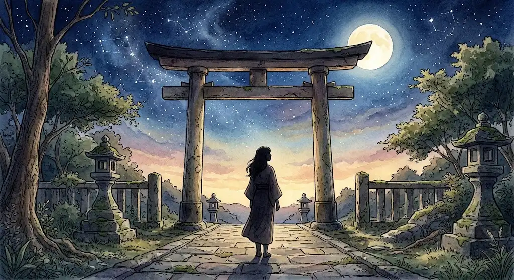 積み重なった我慢を抱えながら夜の鳥居の前に静かに佇む人物のシルエット