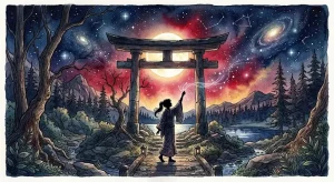 縁切り神社に行く夢を象徴する、夜の鳥居の前で何かを断ち切ろうとする人物の後ろ姿