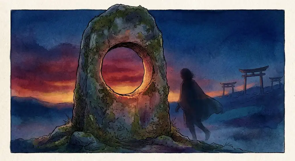 現象学の一人称体験を象徴する、石碑の穴を抜けて振り返る夕暮れの情景