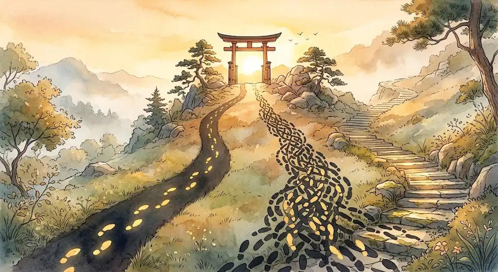 一人と複数人が昼の鳥居をくぐろうとする対比を描いた象徴的な構図