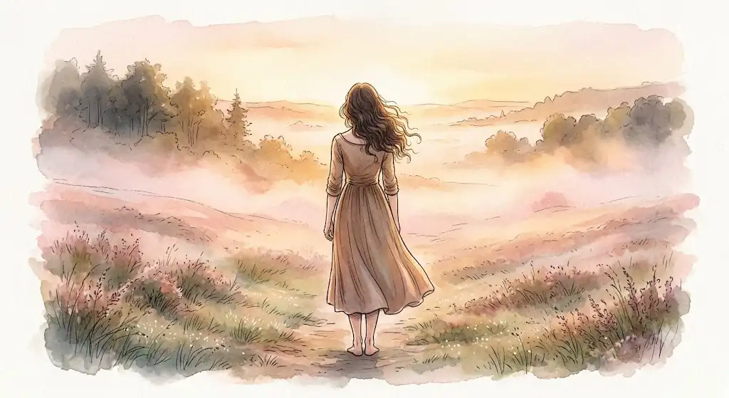 薄桃色の朝靄の中で緊張がほどけていく、狼から逃げ切った夢の余韻を描いた情景