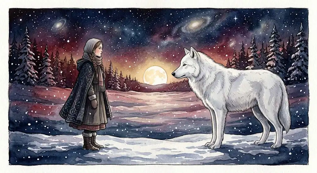 雪原で白い狼と人物が視線を外さずに向き合う、静止した対話のイメージ