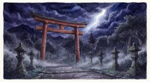 神社に行く夢の意味を象徴する、嵐の気配漂う夕暮れの鳥居と参道の風景