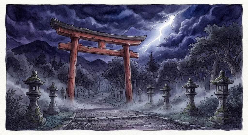 神社に行く夢の意味を象徴する、嵐の気配漂う夕暮れの鳥居と参道の風景