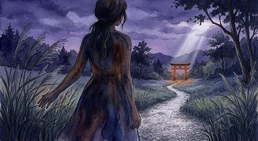 神社に行く夢のように、自らの意志で鳥居へと足を向ける後ろ姿のイメージ