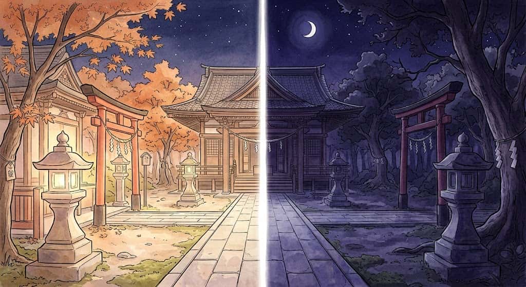 神社に行く夢の状況別診断を象徴する、光と影が分かつ境内の対比構図