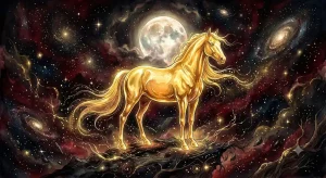 金色の馬が夜に浮かび上がる夢占いのイメージ、金色の馬 夢占いの象徴的な一場面