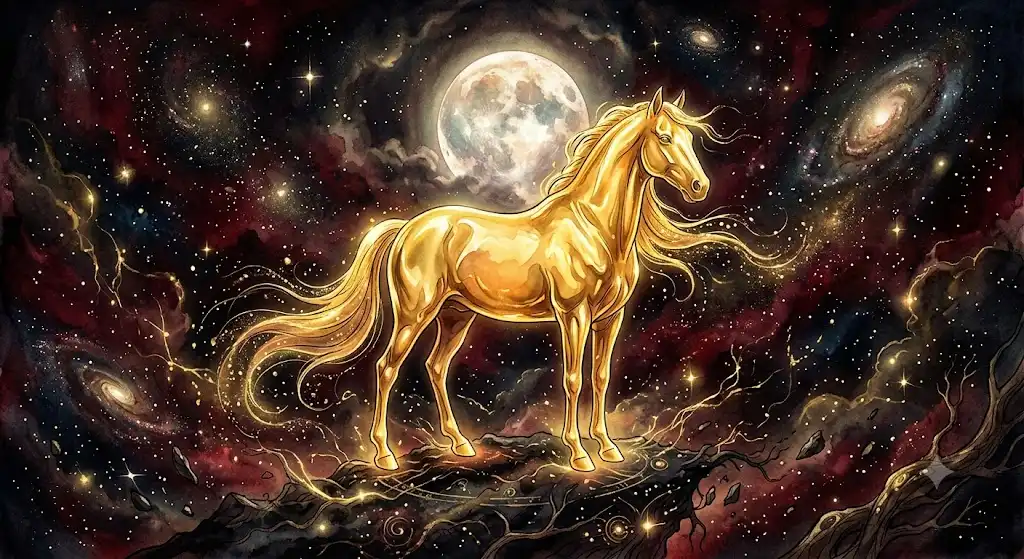 金色の馬が夜に浮かび上がる夢占いのイメージ、金色の馬 夢占いの象徴的な一場面