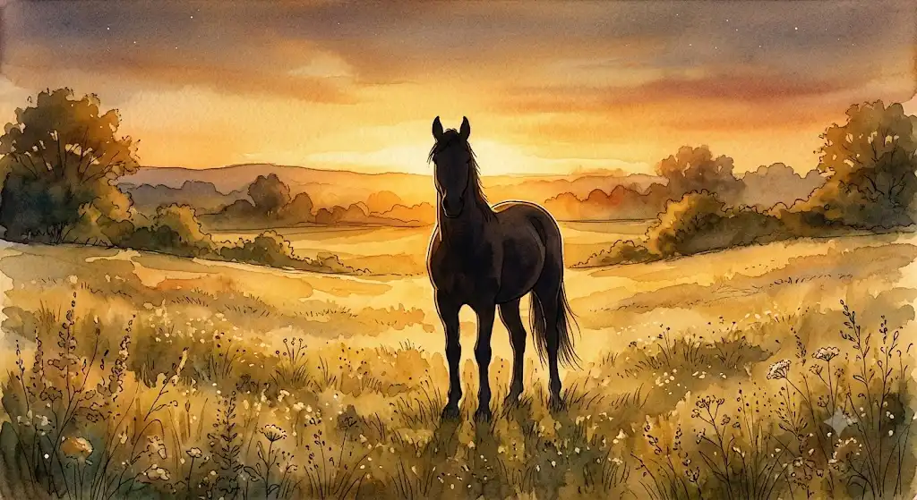 ユング心理学が語る元型の統合を象徴する、夕暮れに佇む馬のシルエット