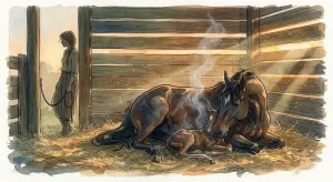 馬の出産の夢占いのイメージ、新しい命が生まれる瞬間の静けさと覚悟を描いた挿絵