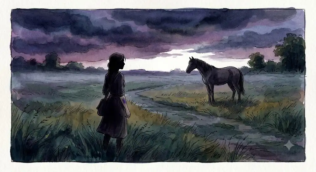 夕暮れの草原で馬と向き合い腕に噛み跡が残る、馬に噛まれる夢占いの一場面