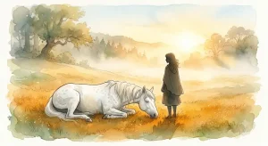 馬が死ぬ夢占いのイメージ、金色の光の中で静かに横たわる白い馬と佇む女性の後ろ姿