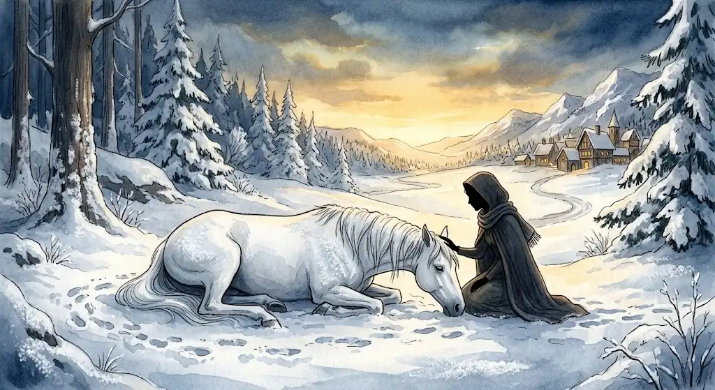 馬が死ぬ夢占いのイメージ、雪原に静かに横たわる白い馬の姿