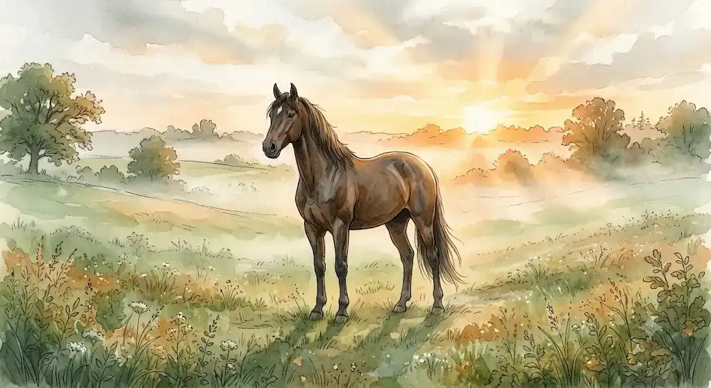 散逸構造論が示す再生の兆し、朝の光に照らされ一頭で立つ馬の姿