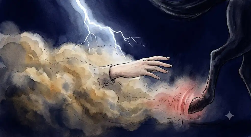 馬に蹴られた衝撃と舞い上がる土埃を描いた、夢の中の緊迫した瞬間
