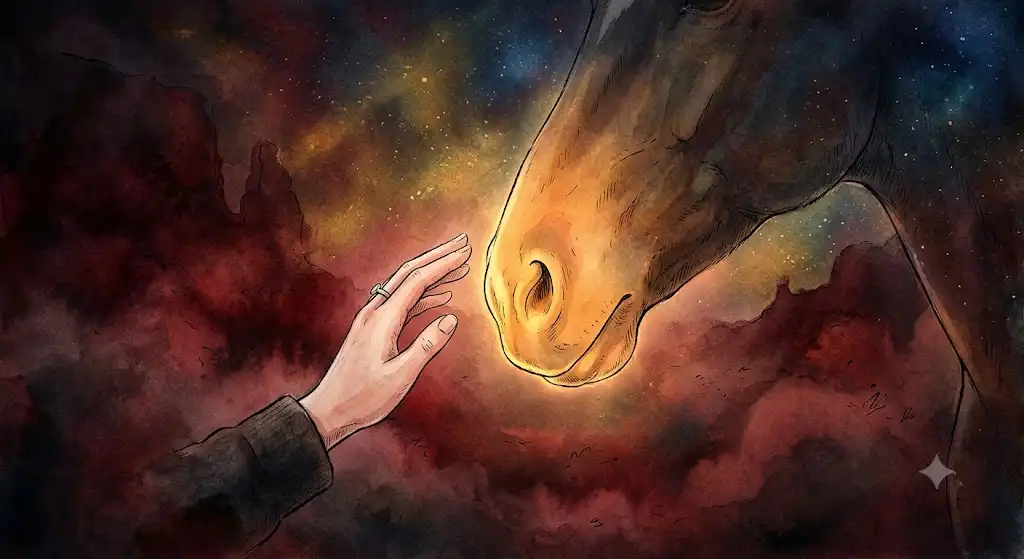 大きな馬の輪郭がはっきりとした存在感を帯びていく、力の受容を描いたイメージ